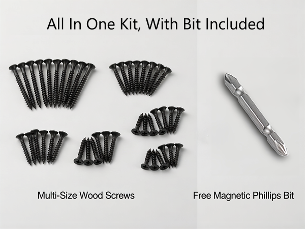 Wood screw kit with Phillips bit, ready to use.