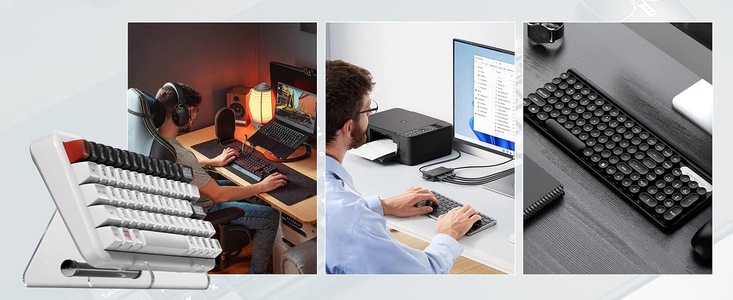 Collage of computer setups: person at gaming desk with orange light, person using laptop with second screen, and close-up of mechanical keyboard.