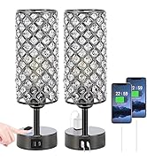 Hong-in Crystal Table Lamp Touch Control Set of 2, 3-Way Black Crystal Lamps with USB C+A Ports &...