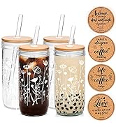 ANOTION Floral Coffee Cups, Mason Jars with Lids and Straws Glass Cups with Wildflower Bamboo Lid...