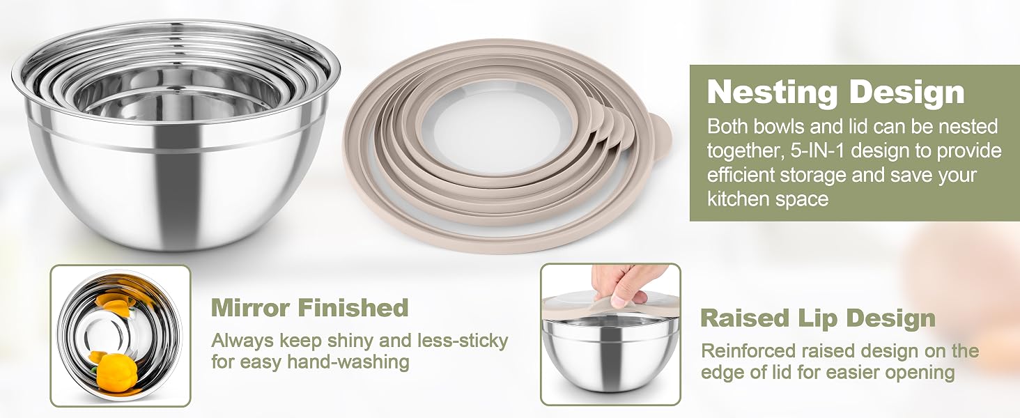 Nesting bowls design for space-efficient storage. Make your kitchen cooking much effortless