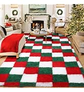 KICMOR Christmas 8x10 Area Rugs Living Room Carpet, Large Fluffy Red Green White Checkered Shag R...