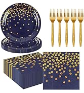 75PCS Paper Plates&Napkins Set, Blue Gold Dot Disposable Party Dinnerware 7IN Dessert Plates 6.5I...