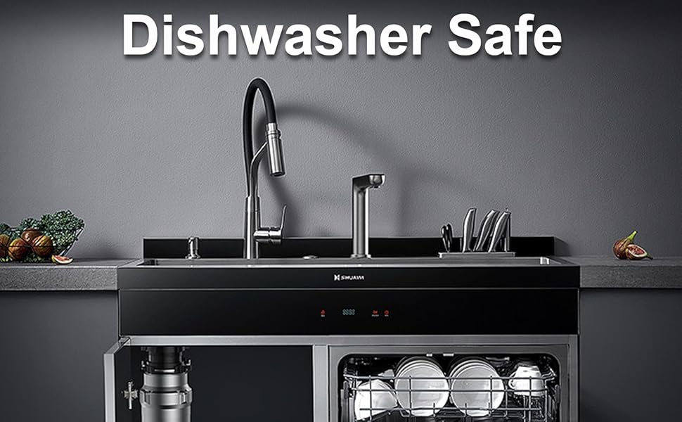 Modern kitchen setup with open dishwasher showing clean dishes, sink with high-end faucet, and under-sink water filtration system. Text 'Dishwasher Safe' visible above.