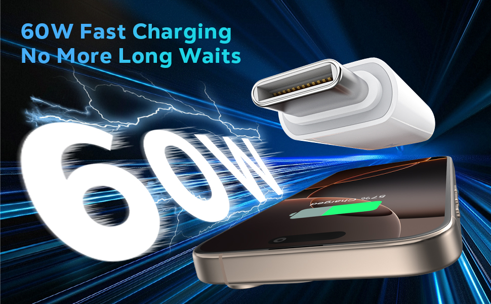 Text reads '60W Fast Charging No More Long Watts'. Dynamic illustration of white charging connector with glowing '60W' text and blue motion effects.