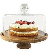 JOEY'Z Large Cake Stand with Glass Dome Cover Lid 11.5" Acaciawood Pedestal Stand Round Wood Serv...