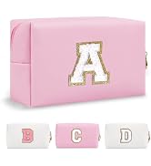 Personalized Initial A-Z Preppy Patch Makeup Bag,Small PU Chenille Letter Cosmetic Bag with Zippe...