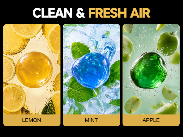 Three scented of car cleaning gel—Mint, Lemon, Apple-sit on a leather car accessories interior seat