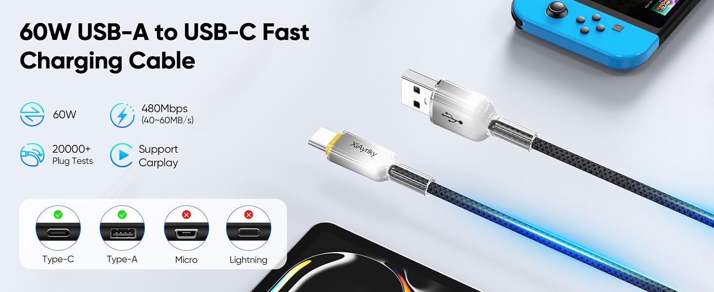 XiAyriky USB A to USB C 60W fast charging braided cable, CarPlay & data transfer for Type-C devices