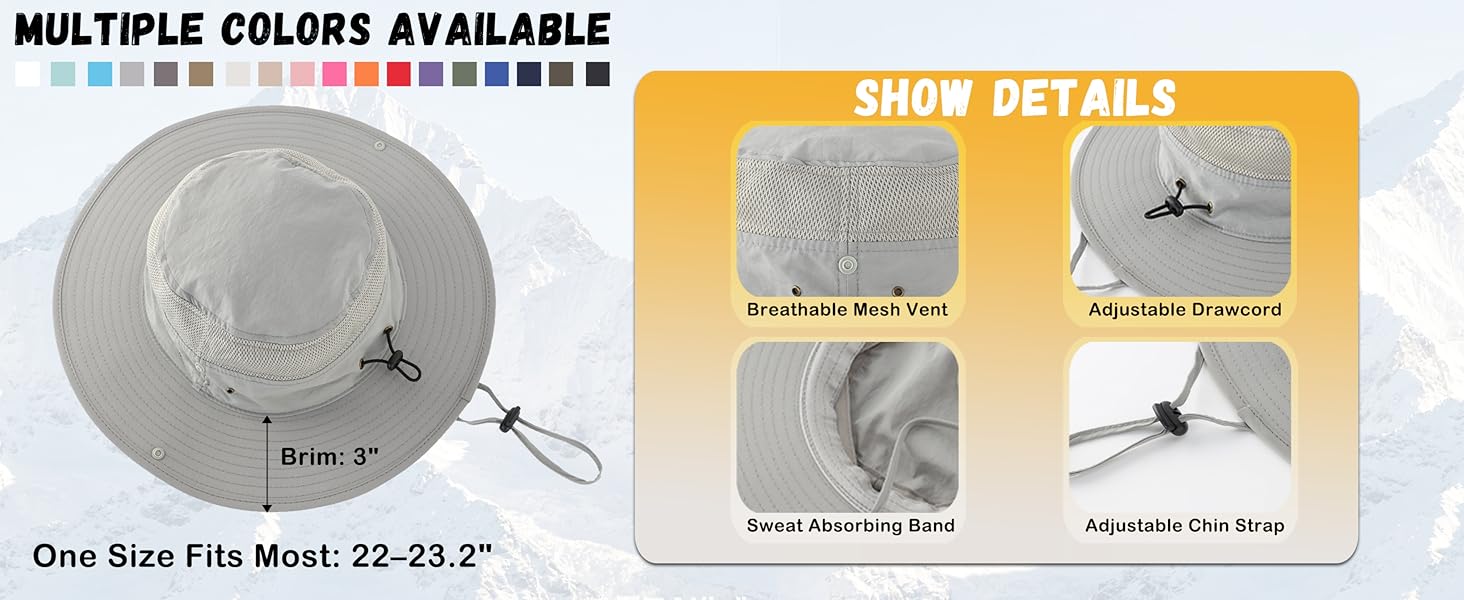 Connectyle UPF 50+ Wide Brim Sun Hat for Men Breathable Cowboy Bucket Hat fishing Hiking hat