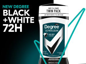 Deodorant stick tube and dark Degree logo against a white and dark background with text.