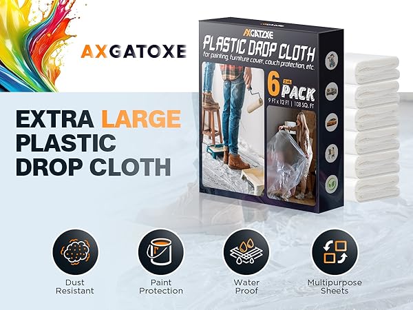 Heavy-duty plastic drop cloths for painting—dustproof, waterproof, tear-resistant.