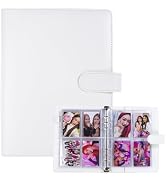 White leather photo album or organizer with snap closure, opened to display multiple photo sleeve pages with inserted photographs.