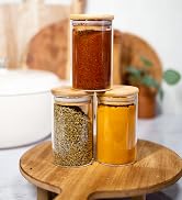 12 Natural Bamboo Spice Jars 8.5 OZ - Large Glass Jars with airtight lid