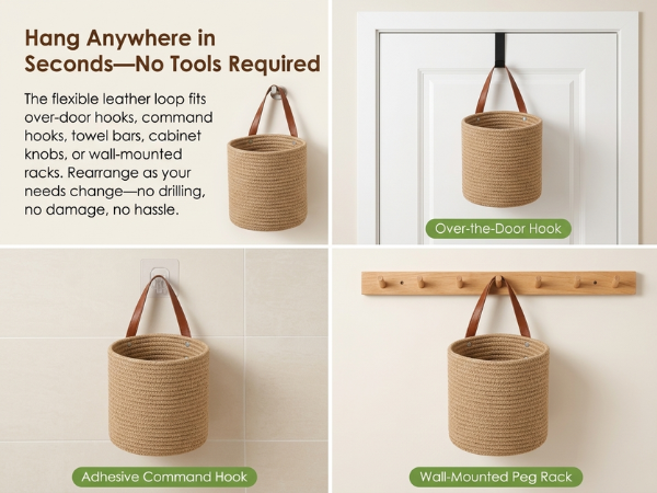 Woven wall basket displayed on peg rack, adhesive hook, and over-door hook installation options.