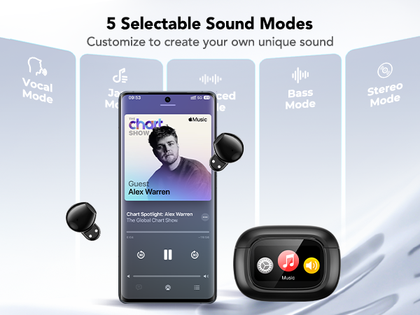 Bluetooth wireless earbuds with 5 Selectable Sound Modes: Vocal Mode, Jazz, Balanced, Bass, Stereo