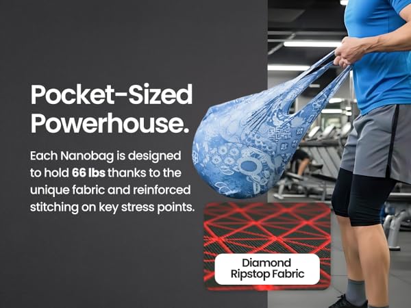 Pocket-sized packable bag with dense self-storing design, no folding skills required