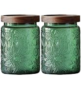 Set of 2 Vintage Glass Jars, Green Glass Storage Jars with Solid Wood Lids (23.7 oz) for Kitchen,...