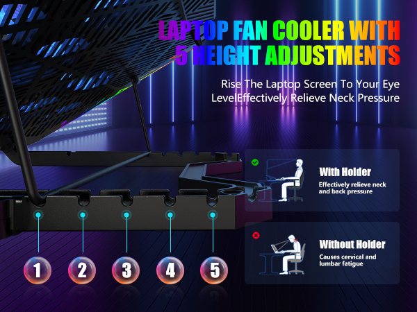 Text reads 'LAPTOP FAN COOLER WITH 5 HEIGHT ADJUSTMENTS'. Gaming setup diagram showing laptop cooling stand with LED lights and multiple height settings.