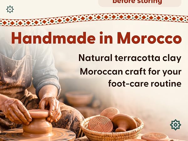 An artisan shapes clay on a pottery wheel beside handmade terracotta foot scrubbers