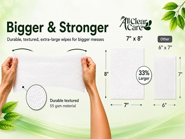 Bigger and stronger baby wipe. extra large for bigger messes. 33% larger and 55gsm thick