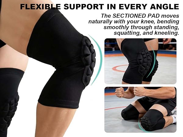 Sectioned knee pads bends smoothly through standing, squatting, and kneeling, perfect for wrestling