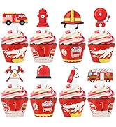 Hooqict 48 Pack Fire Truck Cupcake Toppers and Wrappers Firefighter Fireman Birthday Party Cupcak...