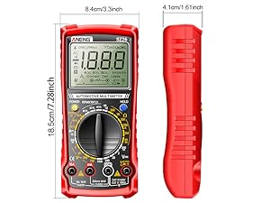 Digital multimeter in red casing showing LCD display with '1888' readout. Device features measurement dial, probe ports, and dimensional measurements labeled on technical drawing views.