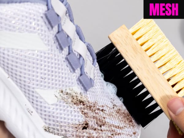 A shoe brush safe for mesh, canvas, leather, and more