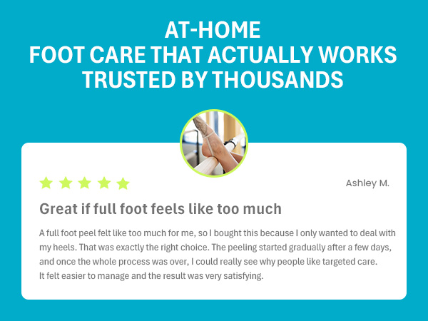 Feet propped up; 5-star review from Ashley M. on targeted heel-only peel mask, no full foot needed