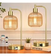 QiMH Industrial Table Lamp for Bedroom Set of 2, Champagne Glass Beside Lamp with USB A&C Ports, ...
