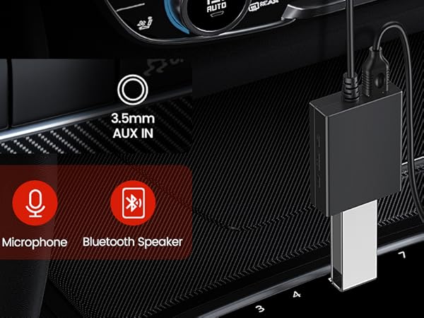 Car audio interface panel showing AUX input and USB ports. Red icons indicate disabled functions for USB, microphone, and Bluetooth speaker.