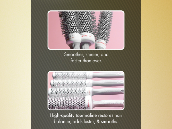 Image of five ion hair brushes with text reading high quality tourmaline restores hair balance.