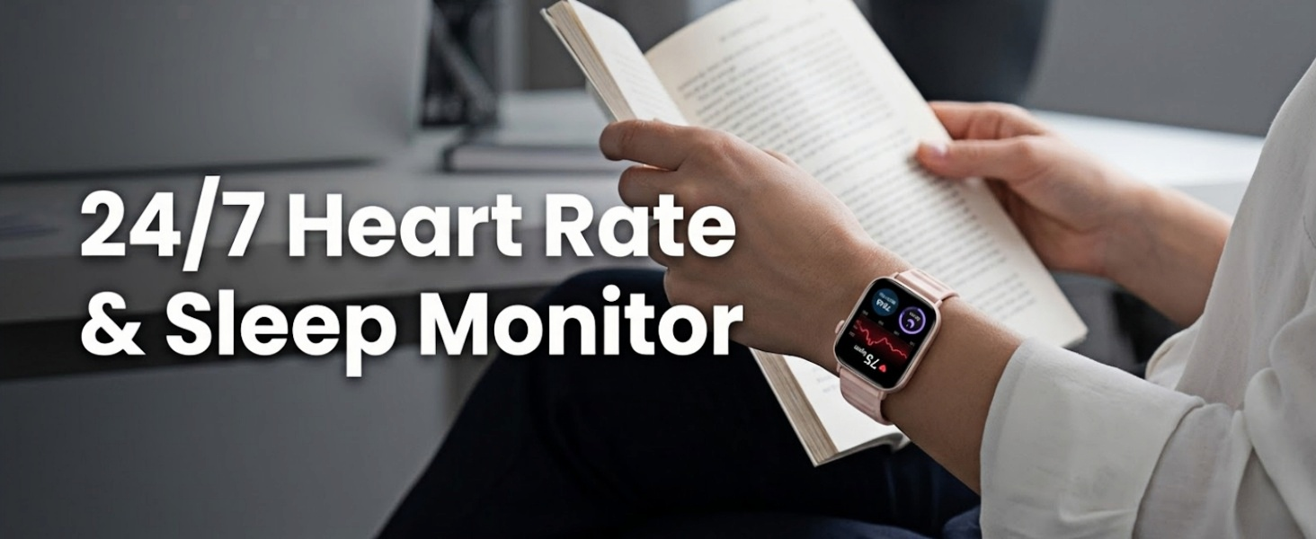 Woman checking heart rate monitor on pink smart watch.