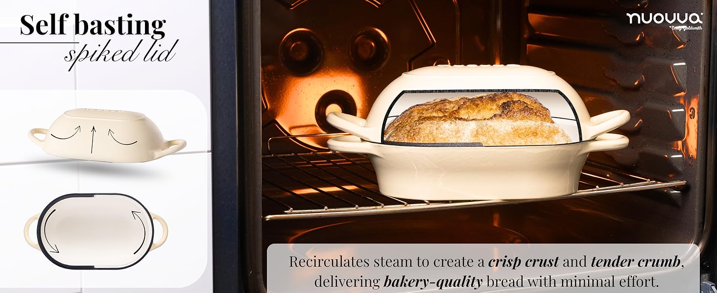 Text reads 'Self basting'. Multiple images of a roasting pan with lid in use inside an oven, showing food preparation process.