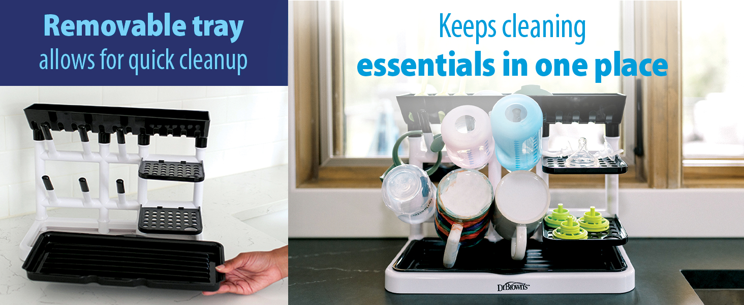 Removable tray allows for quick cleanup keeps cleaning essentials in one place
