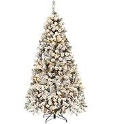 Goplus 6ft Pre-Lit Artificial Christmas Tree, Premium PVC Snow Flocked Hinged Pine Tree with Meta...