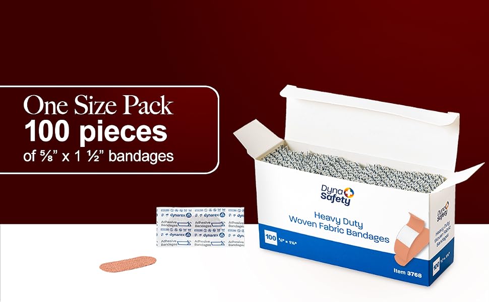 dynarex dynasafety heavy duty woven fabric .625 inch 1.5 inch sterile bandages 100 pieces box