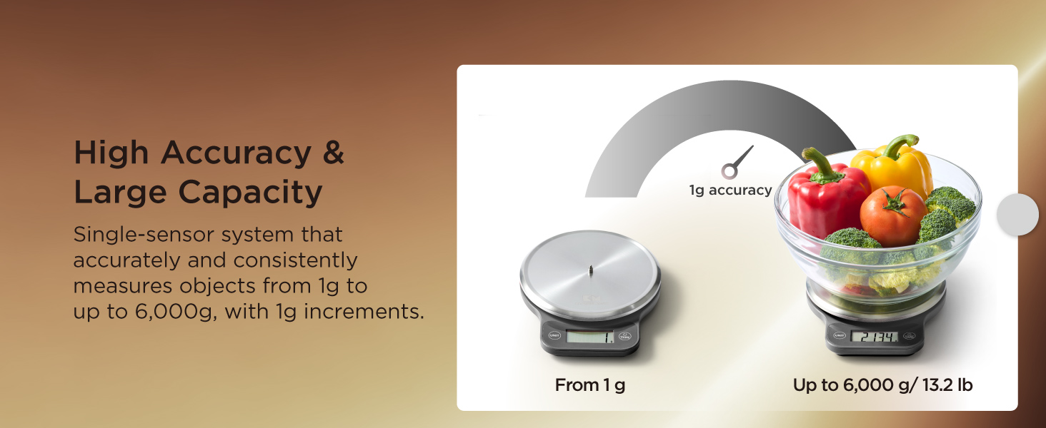 Digital food scale with 1 g precision and 6000 g capacity, ideal for weighing ingredients,vegetables