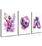 Frimeeme Large Girl Soccer Canvas Wall Art, 3 Piece Framed Watercolor Graffiti Style, 16 x 24 Inc...