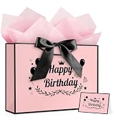 JMANNI Happy Birthday Gift Bag, Pink with Black Satin Bow & Crown Design, Large Birthday Present ...
