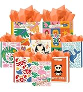 qiqee Assorted Paper Gift Bags with Tissue Paper Handles 8PCS Animal Birthday Cardboard Floral Gi...