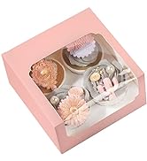 Pink Cupcake Boxes 4 Pack 6.5x 6.5x3.5inch 30pcs Auto-Popup 4 Cupcake Box Holder with Clear Windo...