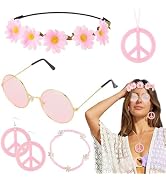 6PCS Hippie Costume Accessories Set, 60s70s Retro Hippie Glasses Peace Sign Earrings and Necklace...