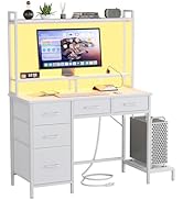 Korfile Computer Gaming Desk with Hutch, Home Office Desk with Power Outlets, LED Light, 5 Storag...