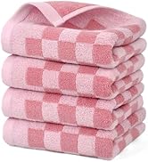 Soft Cotton Hand Towels in Pink Checkered - 4 Pack Lightweight Absorbent Towels for Hand Drying a...