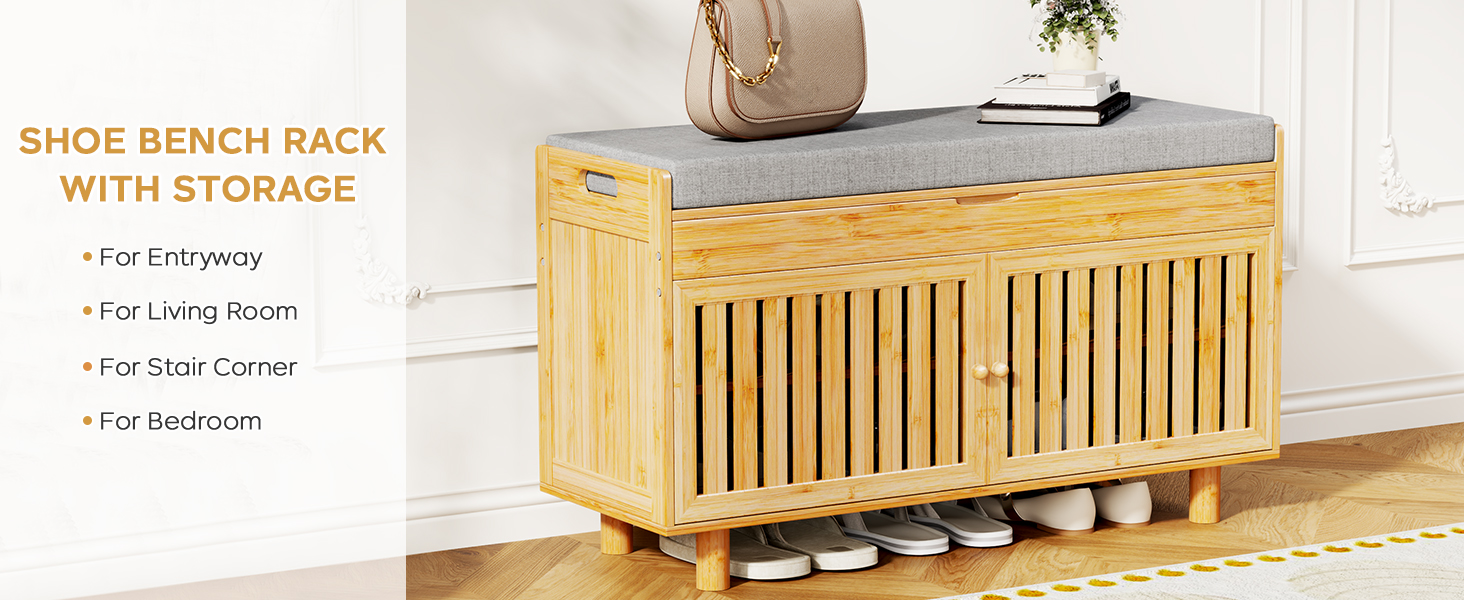 Shoe Storage Bench, Bamboo Entryway Bench with 2 Doors & Padded Seat Cushion