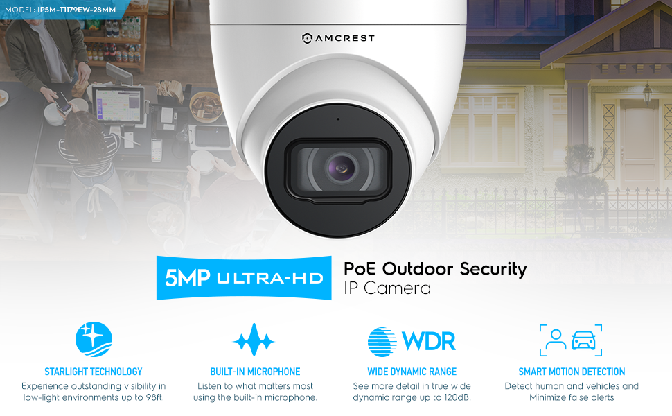 5MP Ultra HD POE Indoor/Outdoor Security IP Camera, H.265 Compression WDR, Built-in Mic