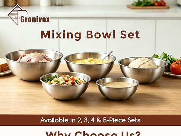 304 Stainless Steel Mixing Bowls, 3-Piece (1.5, 2.2 & 3.4 Qt)