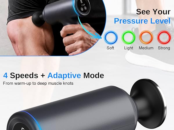 percussion massager, pressure level, 4 adjustable speeds, warm-up, pain relief